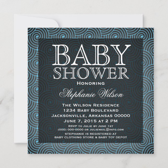 Invitation Baby shower Mod Swirls, Bleu (Devant)