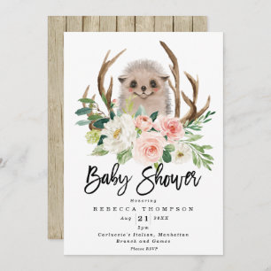 Invitation baby shower moderne à fleurs rustiques de hedgehog