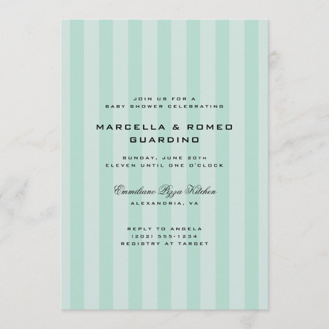Invitation Baby-Shower Moderne à Rayures Verticales Bleu Ment (Devant)