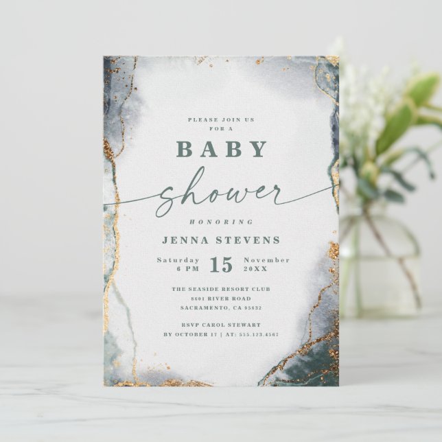 Invitation Baby shower moderne Abstrait Marine Green & Gold (Debout devant)