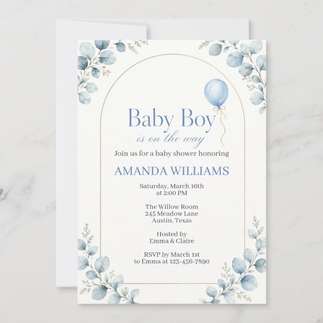 Invitation Baby shower moderne aquarelle eucalyptus (Devant)