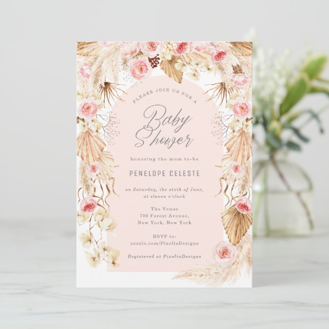 Invitation Baby shower moderne Arch rose boho floral Pampas (Debout devant)