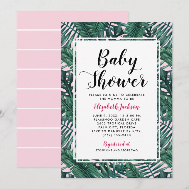 Invitation Baby Shower Moderne aux Feuilles de Palmier Tropic (Devant / Derrière)