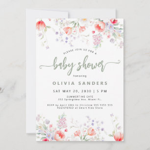 Invitation Baby shower moderne aux fleurs vert sauge neutre