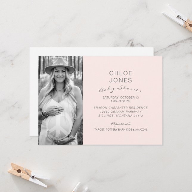 Invitation Baby shower moderne B/W Photo Champagne Rose (Devant/Arrière en situation)