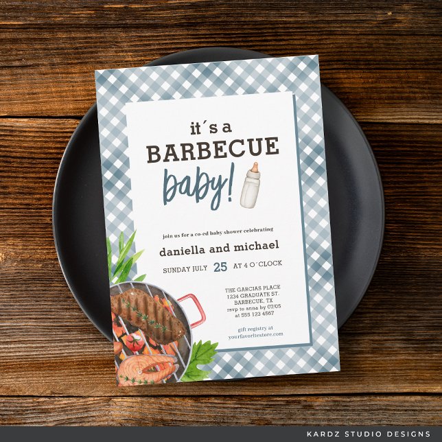 Invitation Baby Shower Moderne Barbecue à Carreaux Bleus (Invite shown in 5 x 7 inches with square corner, choose size, paper and corner style before checkout)