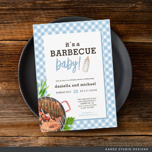 Invitation Baby shower moderne barbecue à carreaux bleus pour (Invite shown in 5 x 7 inches, choose size, paper and corner style. Buy print or digital invitations.)