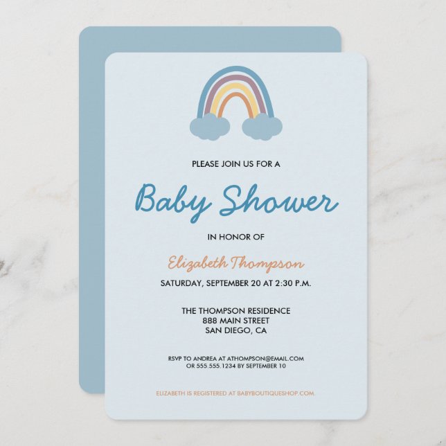 Invitation Baby shower moderne bébé bleu Rainbow (Devant / Derrière)