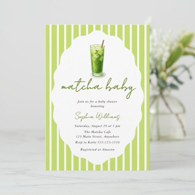 Invitation Baby-Shower Moderne Bébé Vert Matcha Ondulé Mignon (Debout devant)