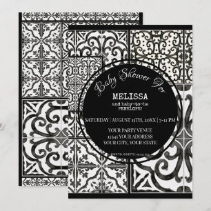 Invitation Baby shower moderne blanc noir blanc de tuile d'él