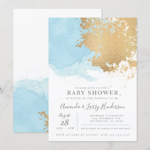 Invitation Baby Shower Moderne Bleu et Or Aquarelle