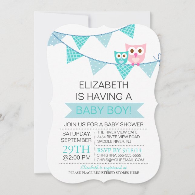 Invitation Baby shower moderne Blue Bunting Pennant Owl Boy (Devant)