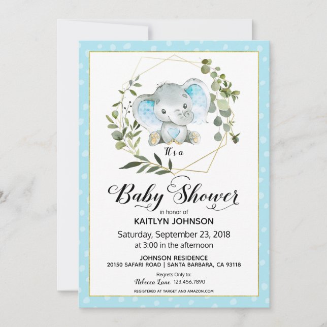 Invitation Baby shower moderne Blue Elephant (Devant)