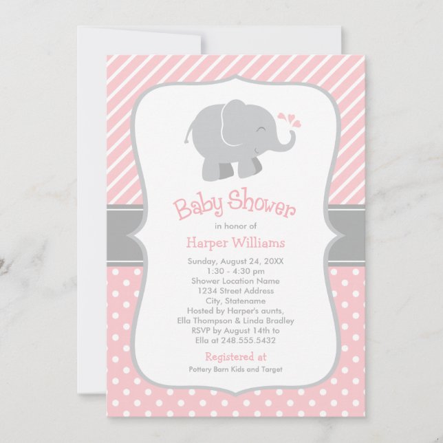 Invitation Baby shower moderne Blush et Grey Elephant Girl (Devant)