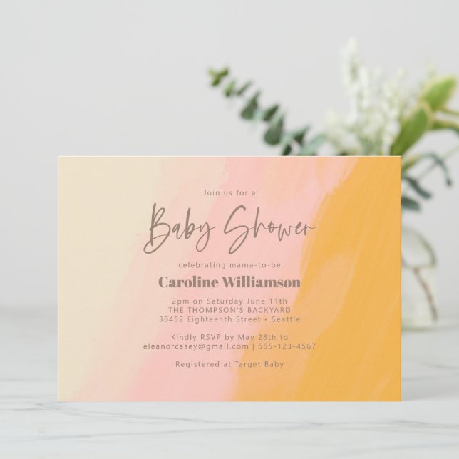 Invitation Baby shower moderne Boho rose jaune mignon Script (Debout devant)