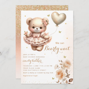 Invitation Baby shower moderne Boho Teddy Bear Balloon Girl