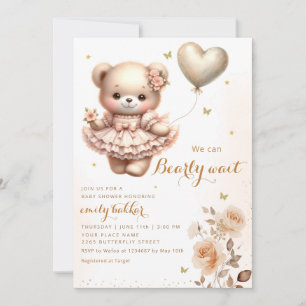 Invitation Baby shower moderne Boho Teddy Bear Balloon Girl