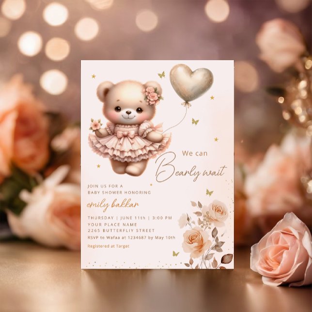 Invitation Baby shower moderne Boho Teddy Bear Balloon Girl (Créateur téléchargé)