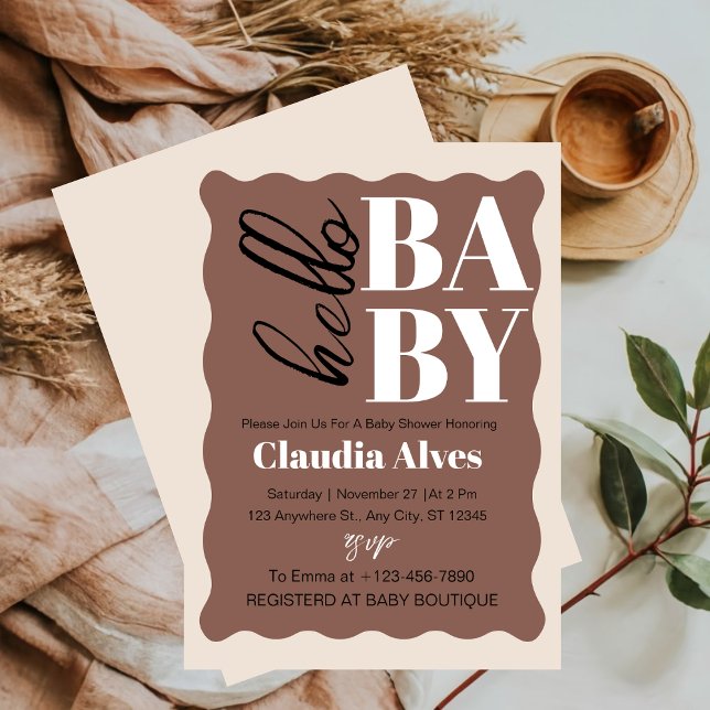 Invitation Baby Shower Moderne Bonjour Bébé Brun (Créateur téléchargé)