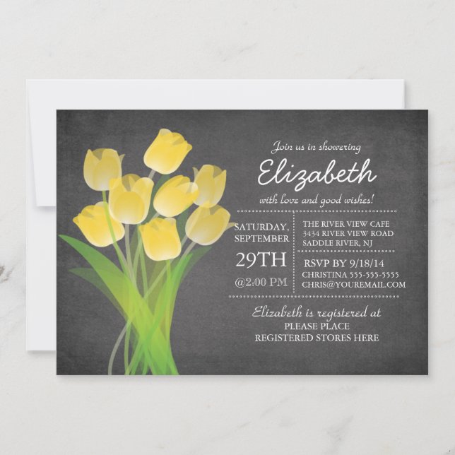 Invitation Baby shower moderne Chalkboard Yellow Tulip Girls (Devant)