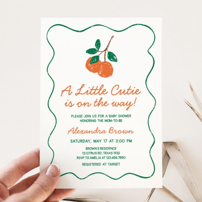 Invitation Baby shower moderne Citrus Little Cutie (Citrus Little Cutie Hand Drawn Baby Shower Invitation)