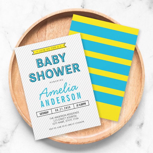 Invitation Baby shower moderne coloré bleu et jaune (Créateur téléchargé)