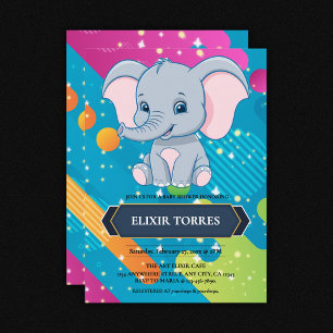 Invitation Baby shower moderne coloré Blue Elephant