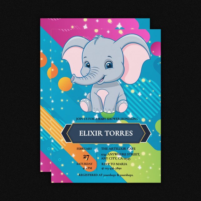 Invitation Baby shower moderne coloré Blue Elephant (Créateur téléchargé)