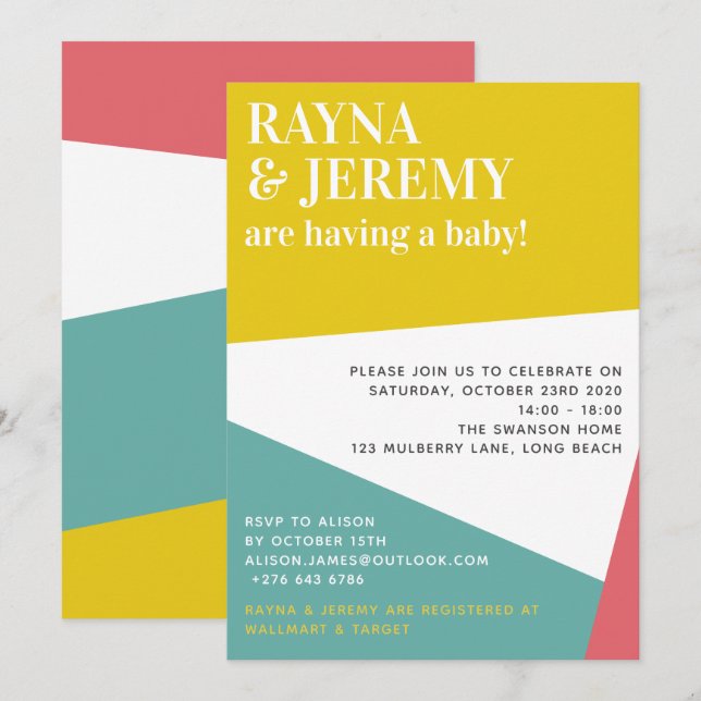 Invitation Baby shower moderne coloré géométrique Couple (Devant / Derrière)