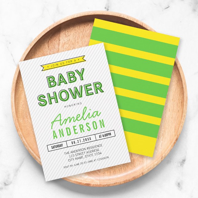 Invitation Baby shower moderne coloré vert et jaune (Créateur téléchargé)