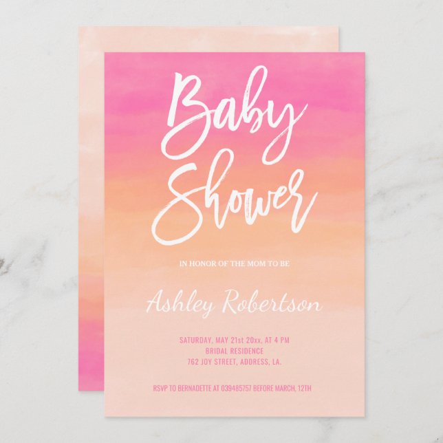 Invitation Baby shower moderne corail rose aquarelle ombre (Devant / Derrière)