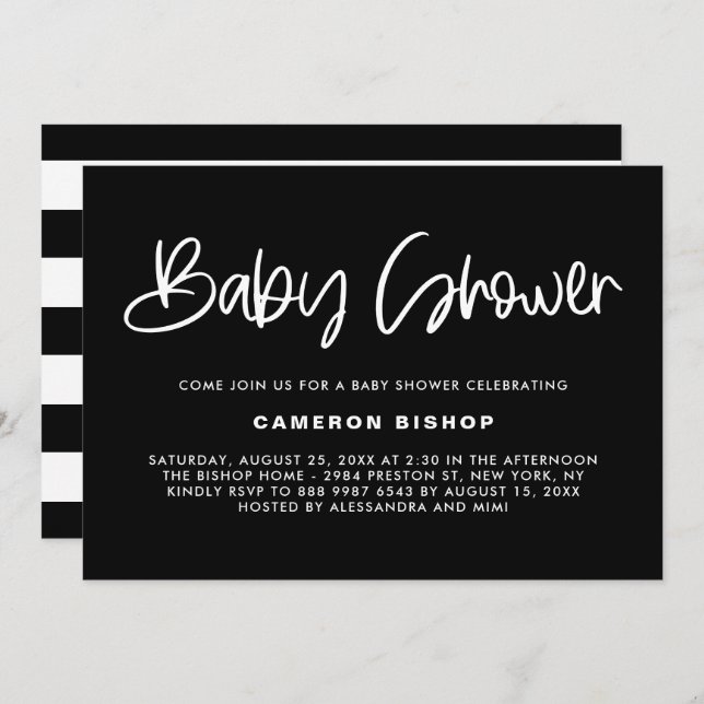 Invitation Baby shower moderne de calligraphie noir et blanc (Devant / Derrière)