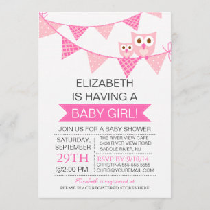 Invitation Baby shower moderne de chouette à bottes roses