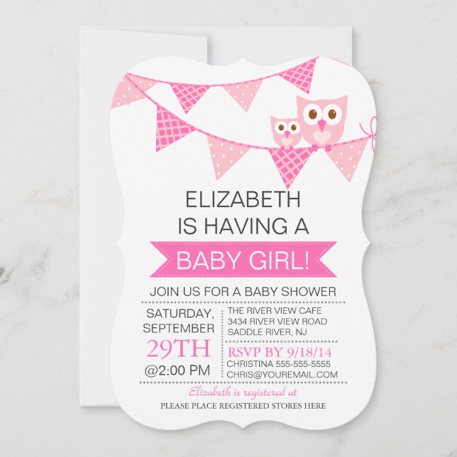 Invitation Baby shower moderne de chouette à bottes roses (Devant)