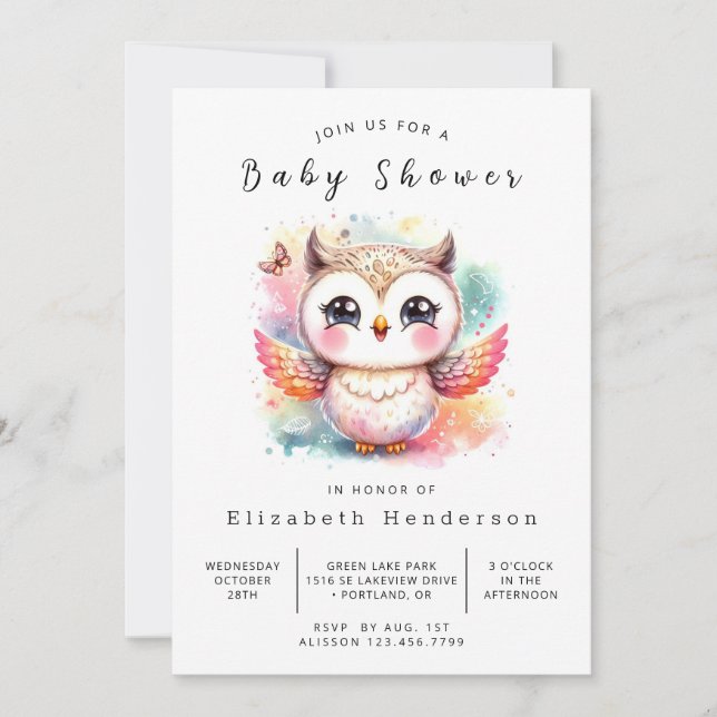 Invitation Baby shower moderne de chouette à imprimer (Devant)