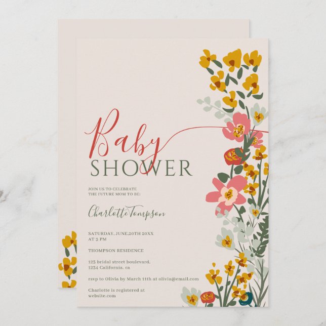 Invitation Baby shower moderne de fleurs rétro d'automne (Devant / Derrière)