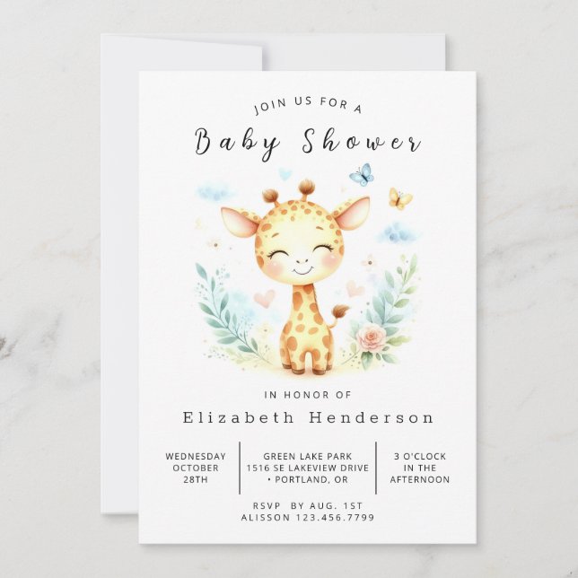 Invitation Baby shower moderne de girafe à imprimer (Devant)