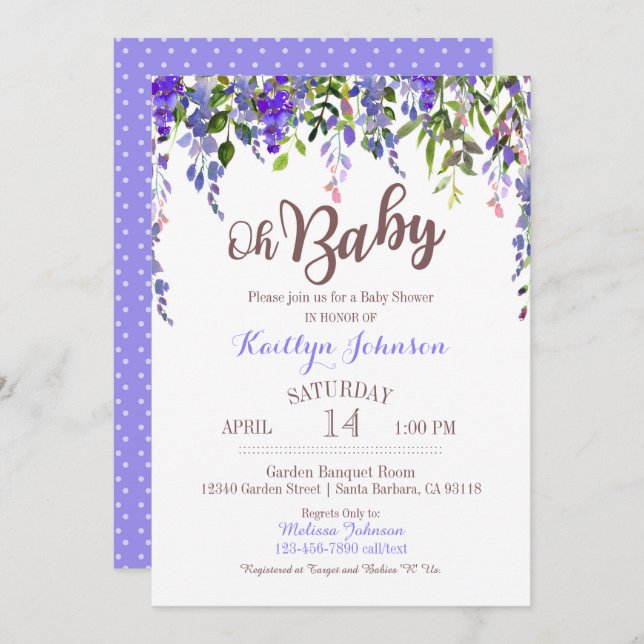 Invitation Baby shower moderne de glycines pourpres (Devant / Derrière)