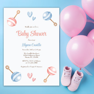 Invitation Baby shower moderne de jouets pour bébés bleu rose