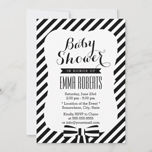Invitation Baby shower moderne de lignes en bande noire et bl (Devant)