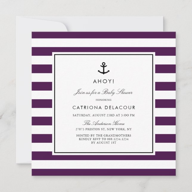 Invitation Baby shower moderne de rayures marines violettes (Devant)