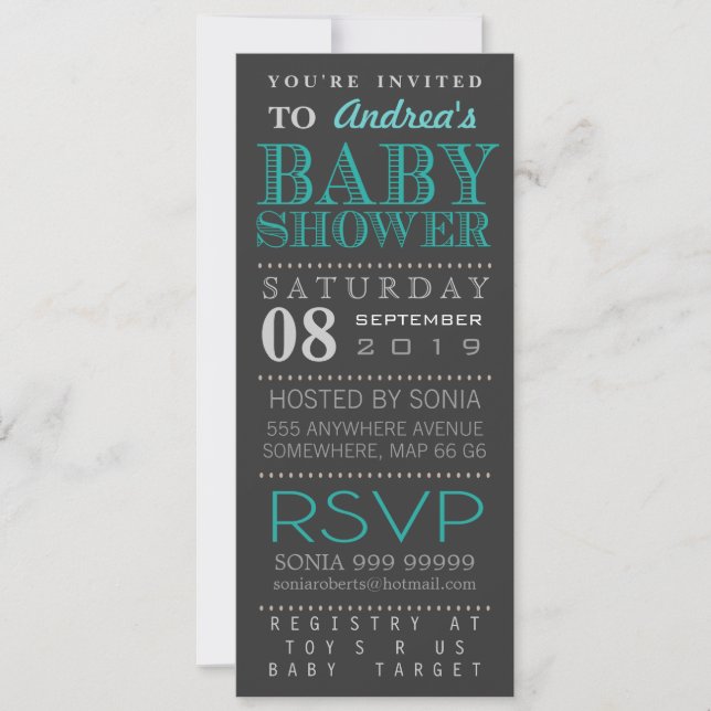 Invitation Baby shower moderne de typographie de turquoise (Devant)