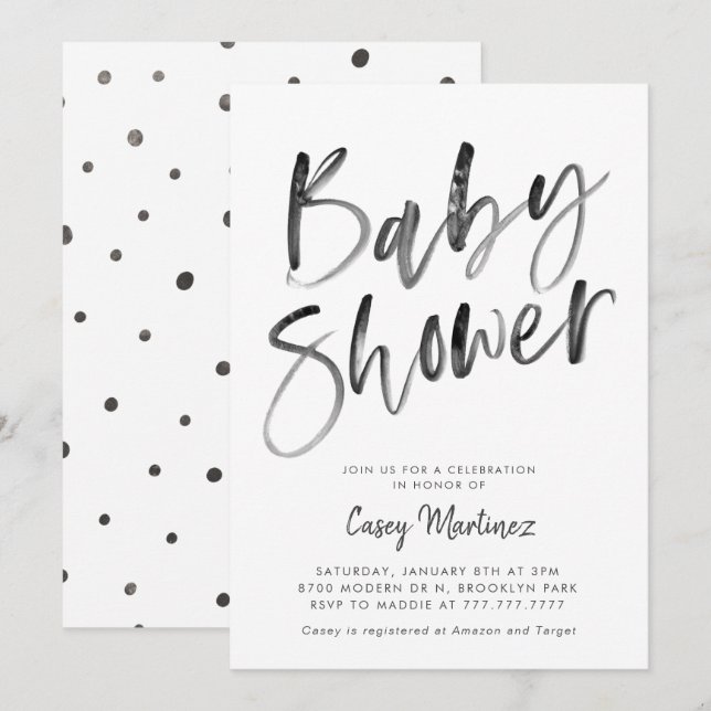 Invitation Baby shower moderne de typographie noir et blanc (Devant / Derrière)
