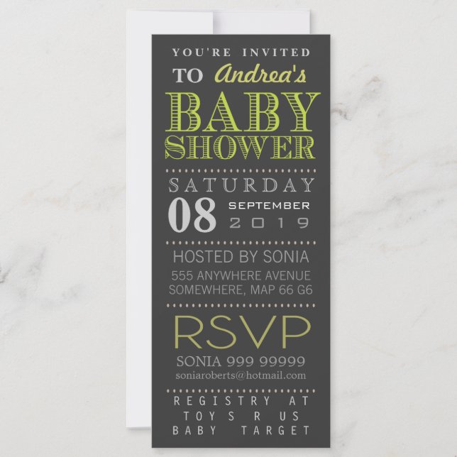 Invitation Baby shower moderne de typographie verte Long (Devant)
