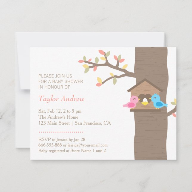 Invitation Baby shower moderne d'oiseau de nid de volière de (Devant)