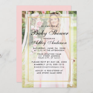 Invitation Baby shower moderne doré rose superposition photo