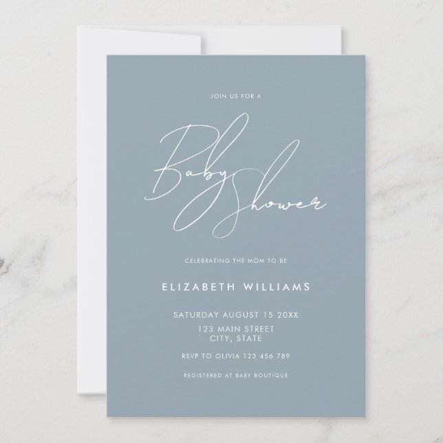Invitation Baby shower moderne Dusty Bleu minimaliste Script (Devant)