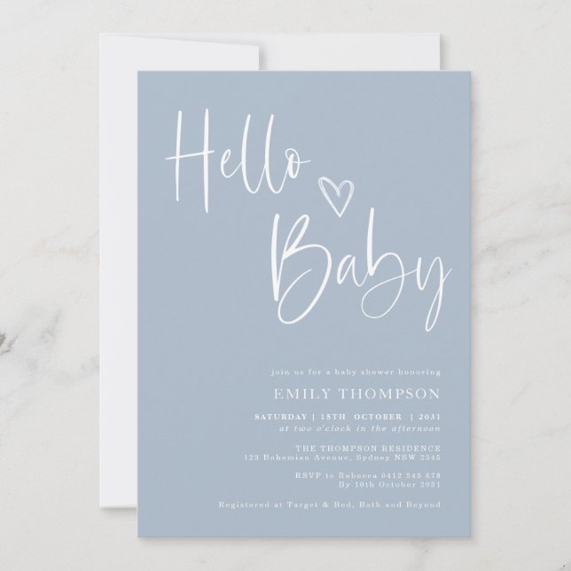 Invitation Baby shower moderne Dusty Blue Boy (Devant)