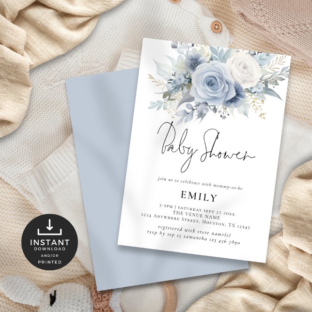 Invitation Baby shower moderne Dusty Blue Florals (Front and back view)