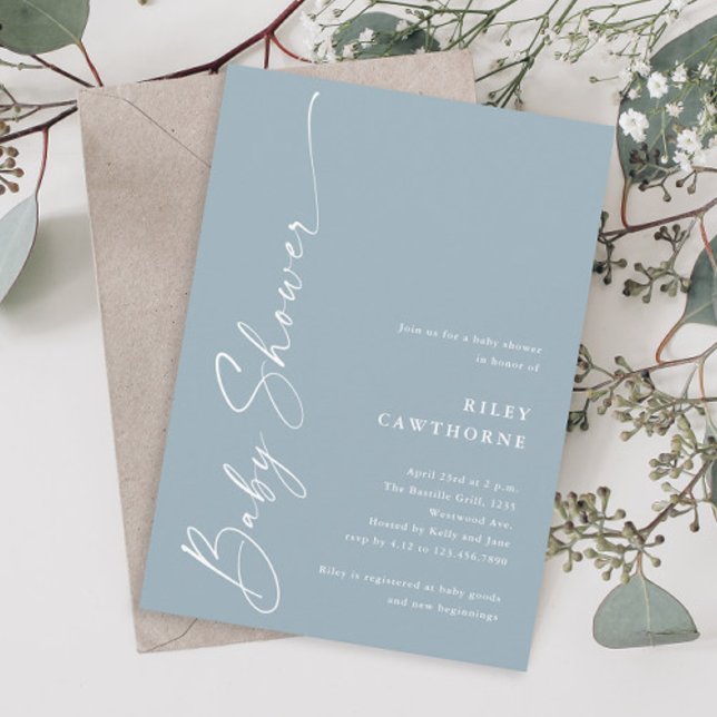 Invitation Baby Shower Moderne Élégant Écriture Bleu Poussiér (Modern script dusty blue boho boys baby shower invitation.)